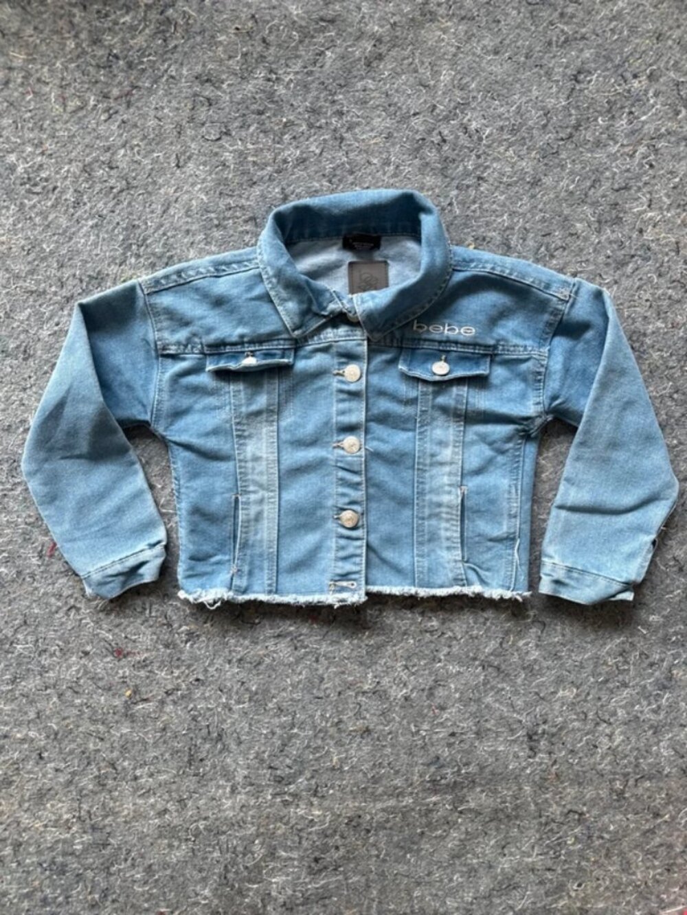 Bebe Girls Light Wash Denim Jacket Size M (5/6) Raw Hem